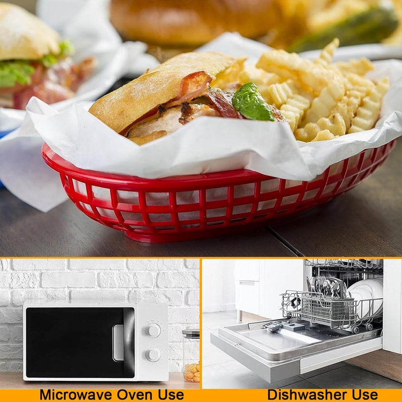 LOSYHU 50 Pack Fast Food Baskets  9"" x 5.7"" Reusable Plastic Food Serving Baskets  Plastic Oval Food Baskets for Party Picnic BBQ Burger Fries Sandwiches  Black and Red - Image 5
